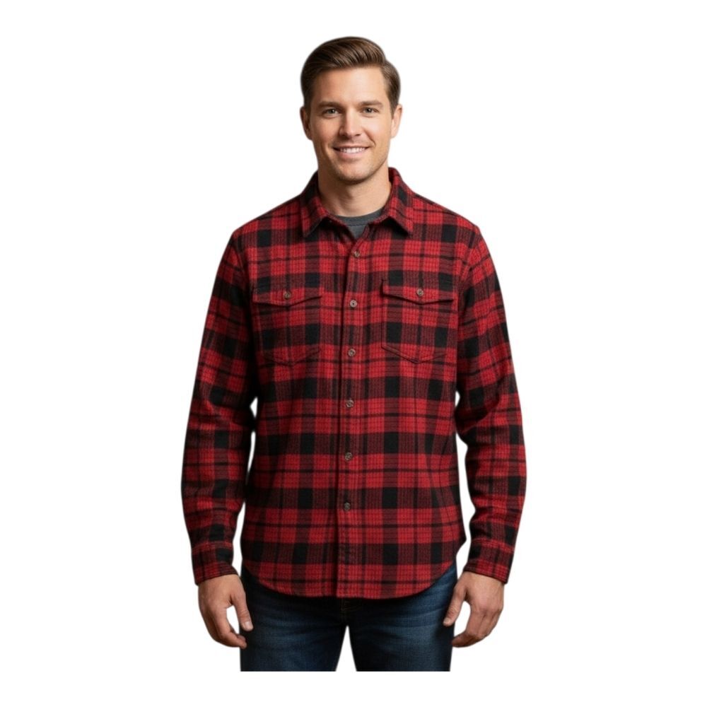 Eddie Bauer Flannel Shirt Mens Large Red Black Plaid Button Front Pockets Cotton